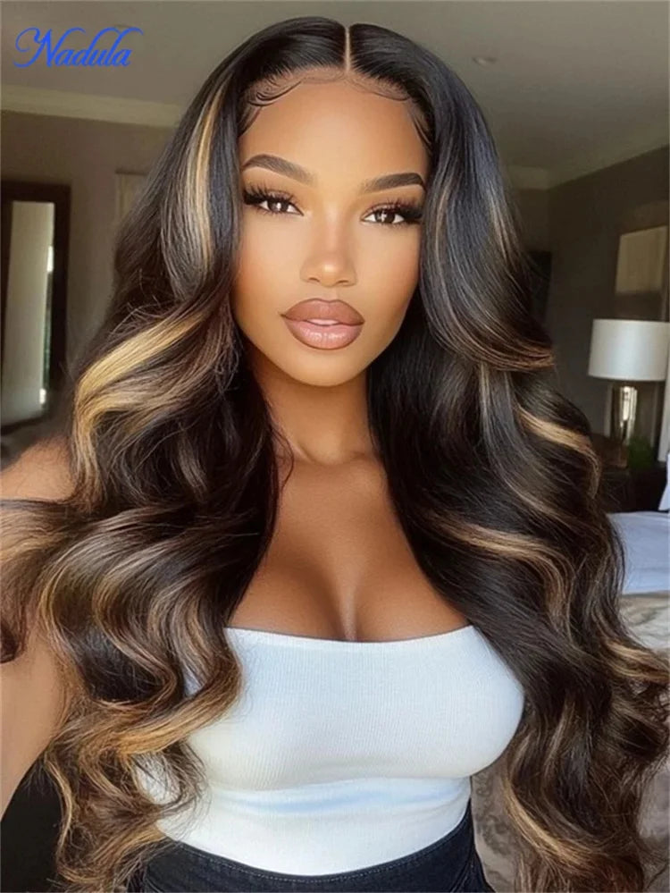 Nadula Highlights Blonde Human Hair Wig with Face-Framing Loose Wave 7x5 Pre Cut HD Transparent Lace Glueless Wig 100% Human Hair Pre Bleached Knots Pre Plucked Put and Go Drawstring Wig for All Heads Sizes Last More Than 1 Y