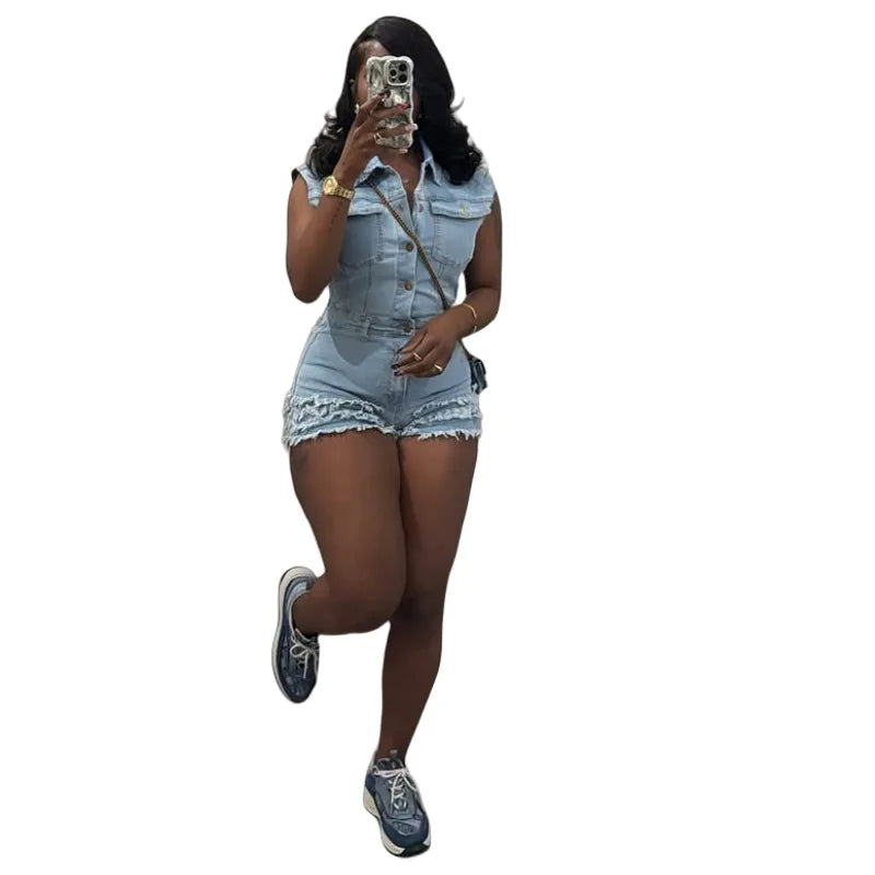 CM.YAYA Women V-neck Short Sleeve Denim tassel Short Jumpsuit Playsuits 2025 Summer Street Party Jeans Romper One Piece Outfits