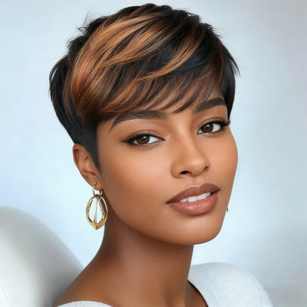 short straight pixie wig 1B30 color pixie cut wig daily party use for women daily party use wig human hair wig machine made