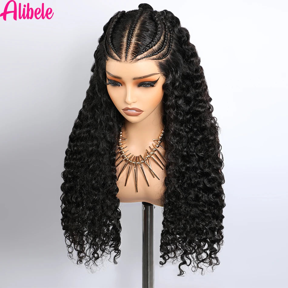 Alibele Pre-Braided Wig 13x6 Full Lace Frontal Human Hair Wigs Water Wave 13x6 200% Density Water Wave Wig Natural Black Color