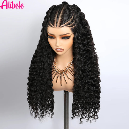 Alibele Pre-Braided Wig 13x6 Full Lace Frontal Human Hair Wigs Water Wave 13x6 200% Density Water Wave Wig Natural Black Color