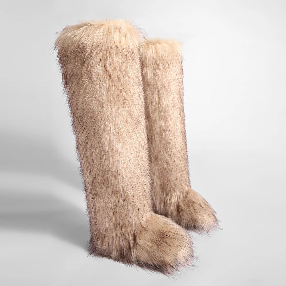 Women's Cozy Faux Fur over the Knee Boots Thigh High Fluffy Y2K Furry Fuzzy Warm Outdoor Comfortable Girls Boot