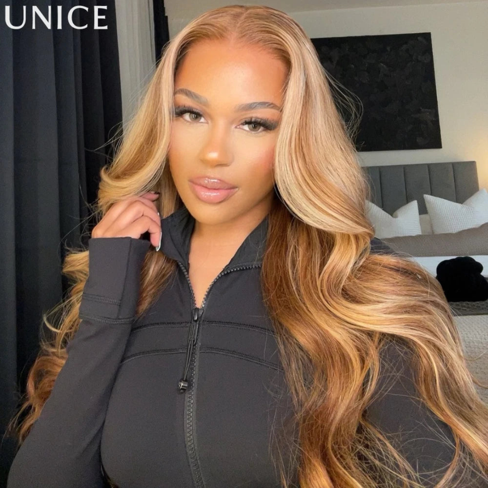 UNice Honey Blonde Highlights Body Wave Human Hair Wig With Drawstring 7x5 Lace Pre Cut Pre Bleached Glueless Wig 150% Density