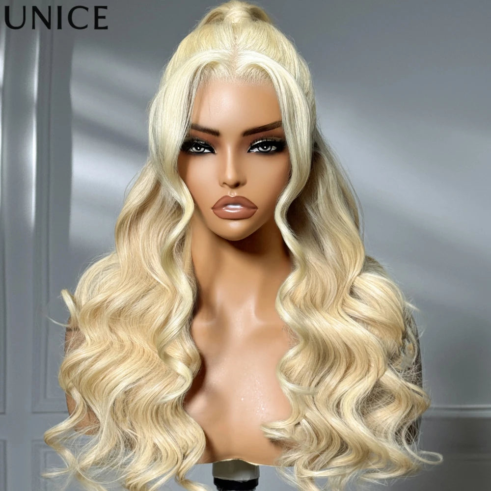 UNice 13x4 Pre Everything Lace Fronal #613 Blonde Body Wave Human Hair Wigs With Drawstring Pre Cut Pre Bleached Glueless Wig Ready To Wear