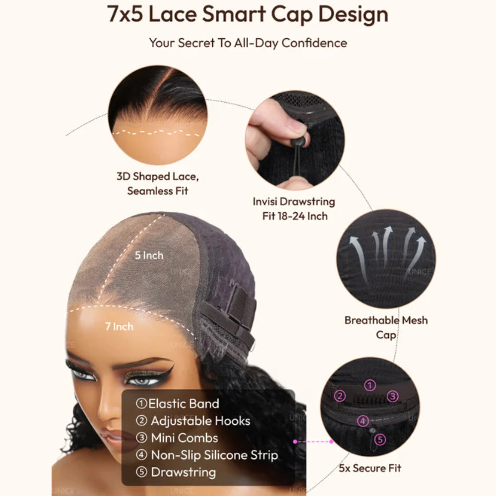 UNice Honey Blonde Highlights Body Wave Human Hair Wig With Drawstring 7x5 Lace Pre Cut Pre Bleached Glueless Wig 150% Density