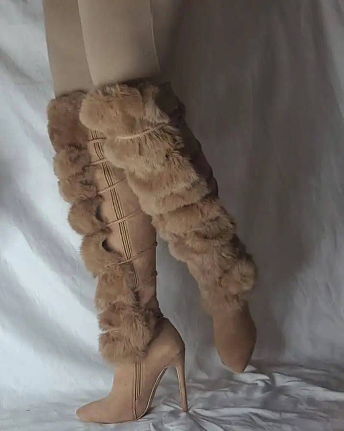 2025 Women Brown Fur Design Pointed Toe Knee High Boots Fashion Warm Lady Spike High Heel Suede Boots Sexy Women Strappy Shoes