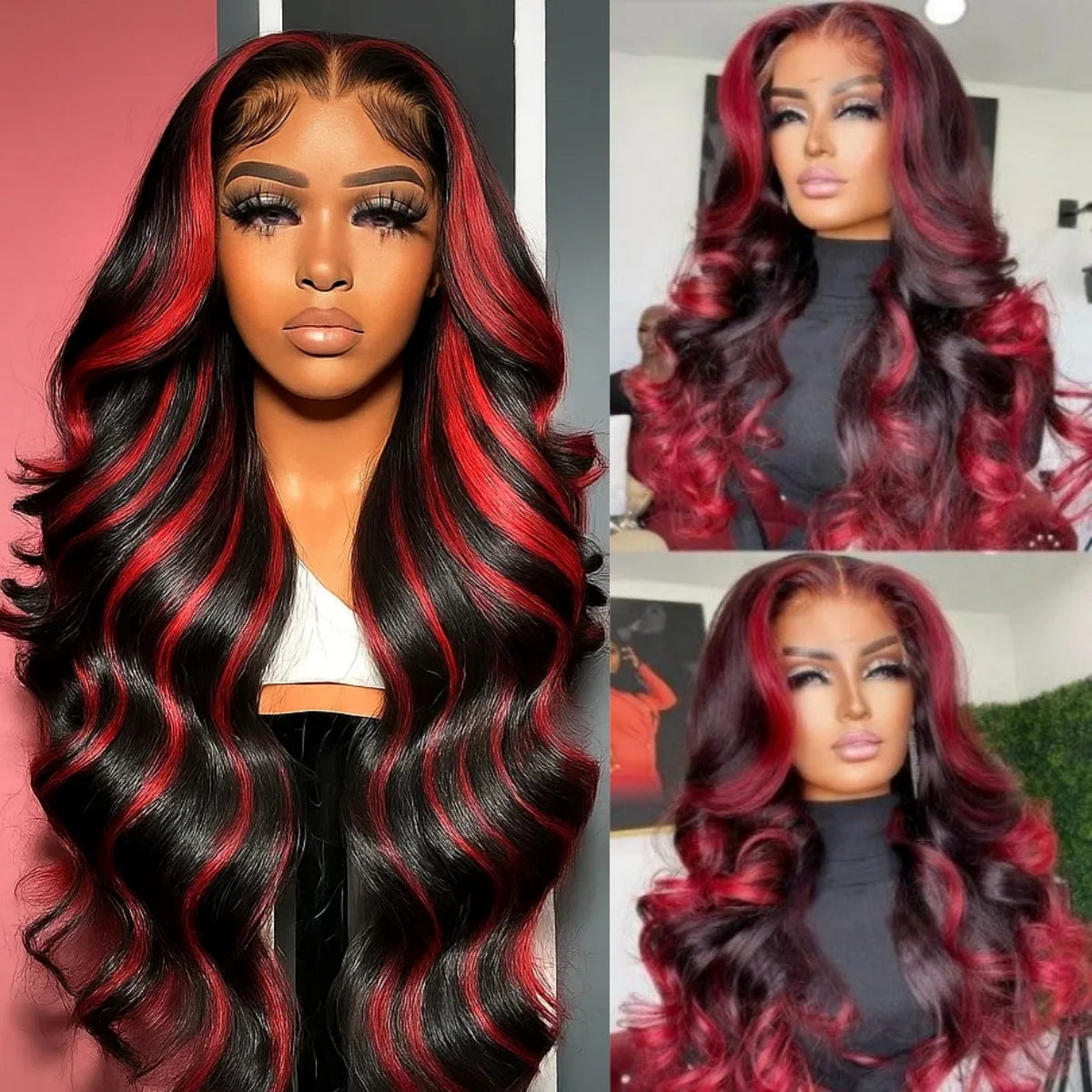Red Black Human Hair Wigs Highlight Body Wave Human Hair Wigs 5x5 Lace Front Wigs Glueless Wig Colored Curly Human Hair Wigs