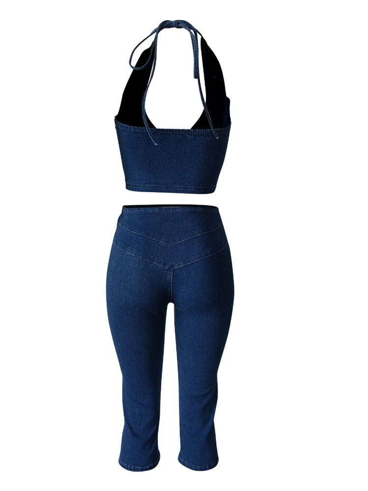 Cutenew Women Denim 2 Piece Set  Summer Halter Wrap Chest Backless Zip Halter Tops+Shorts Matching Hipster Vintage Streetwear