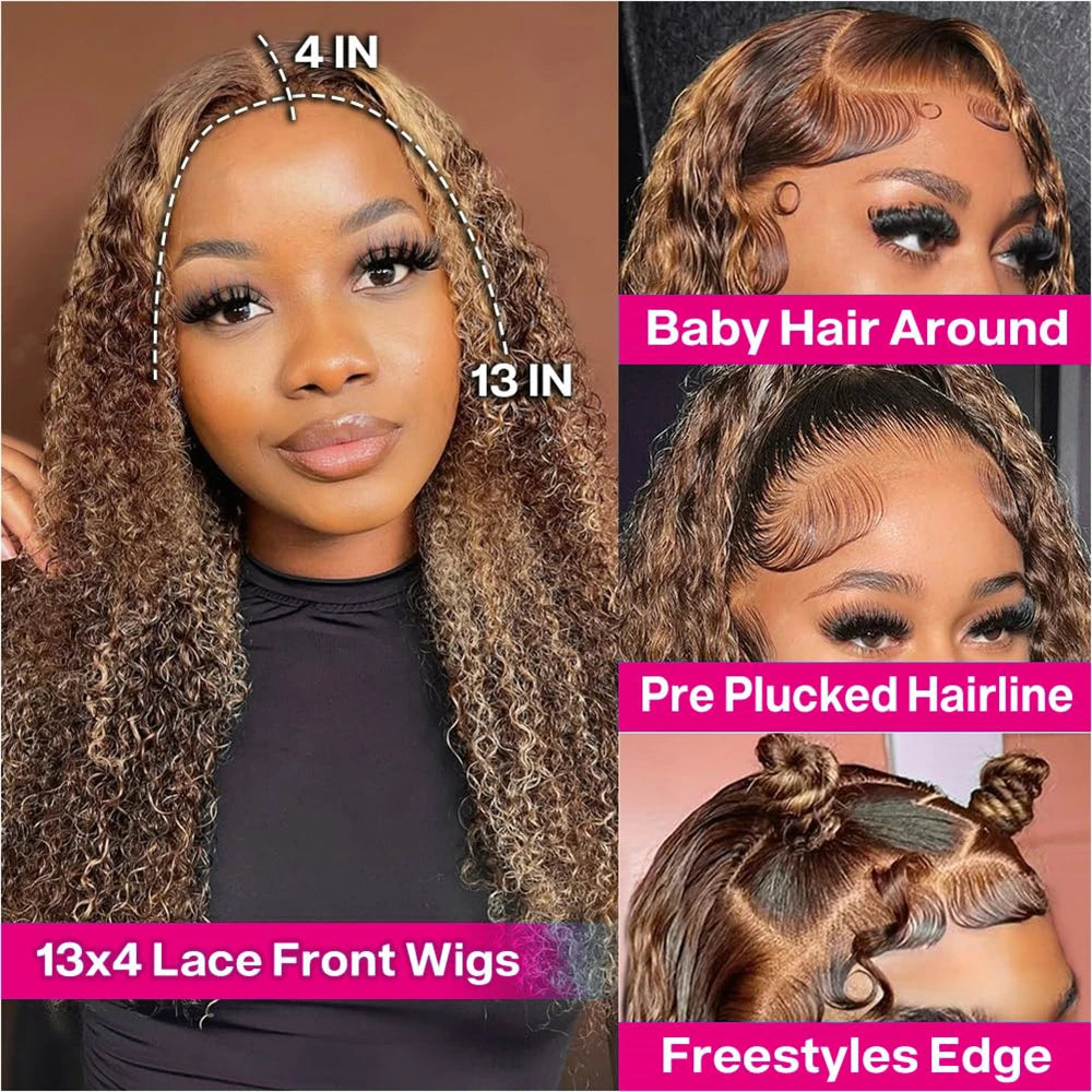 Highlight Short Bob Wigs Deep Wave 13x4 Lace Frontal Wig Human Hair Kinky Curly Frontal Bob Wig 4/27 Ombre Color 250% Density