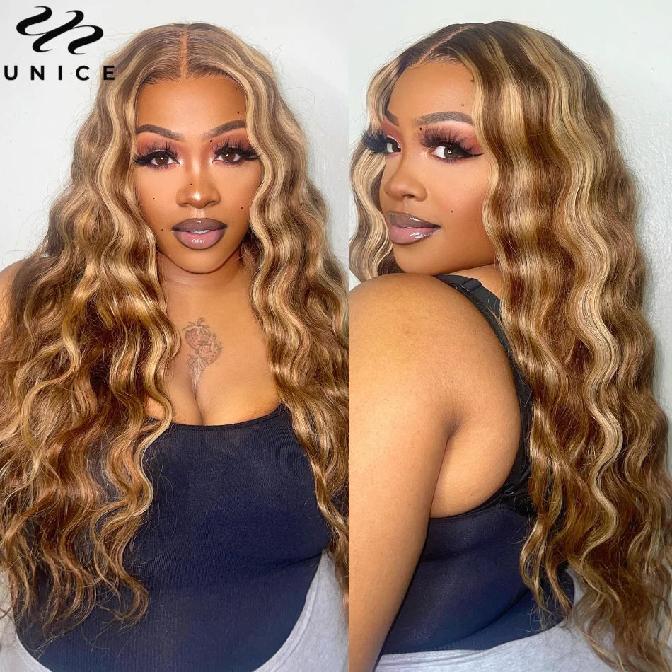 UNice Honey Blonde Highlights Body Wave Human Hair Wig With Drawstring 7x5 Lace Pre Cut Pre Bleached Glueless Wig 150% Density