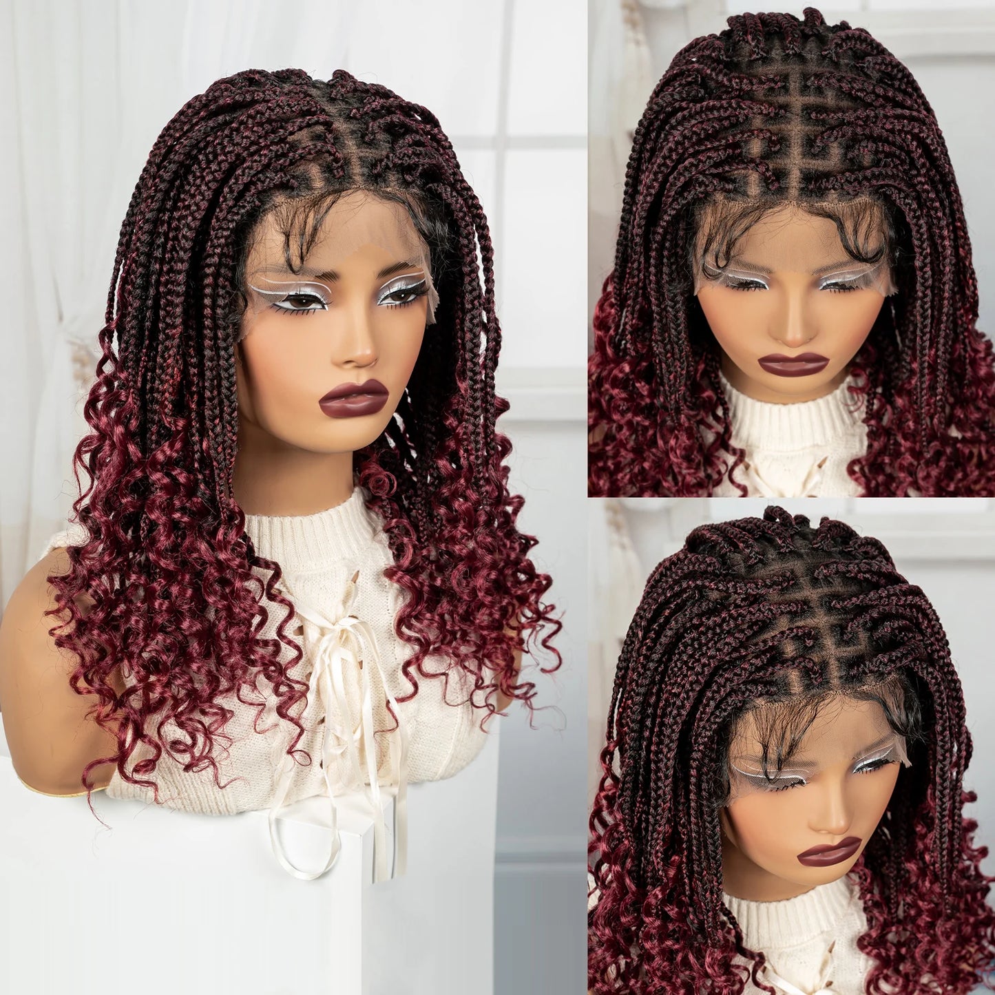 Knotless Box Boho Braided Wigs with Curly Ends Synthetic Full Lace Braided Lace Wigs Short Braided Bob Wig for Black Women