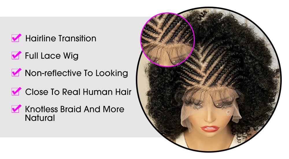 Full Lace Afro Braided Wig for Women African Wig Cornrow Braids Lace Wig with Baby Hair 8 Inch Short Kinky Curly Braid Wigs