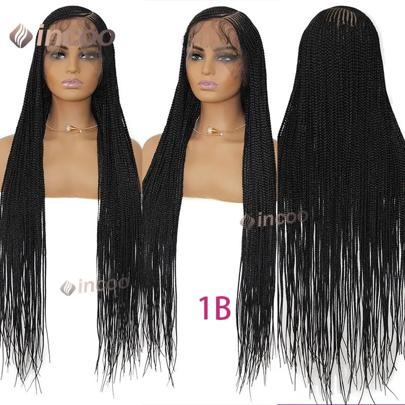 36" Cornrow Braided Wigs Synthetic Handmade Side Part Braided Wig Full Lace Frontal Braiding Wig Goddess Knotless Box Braids Wig