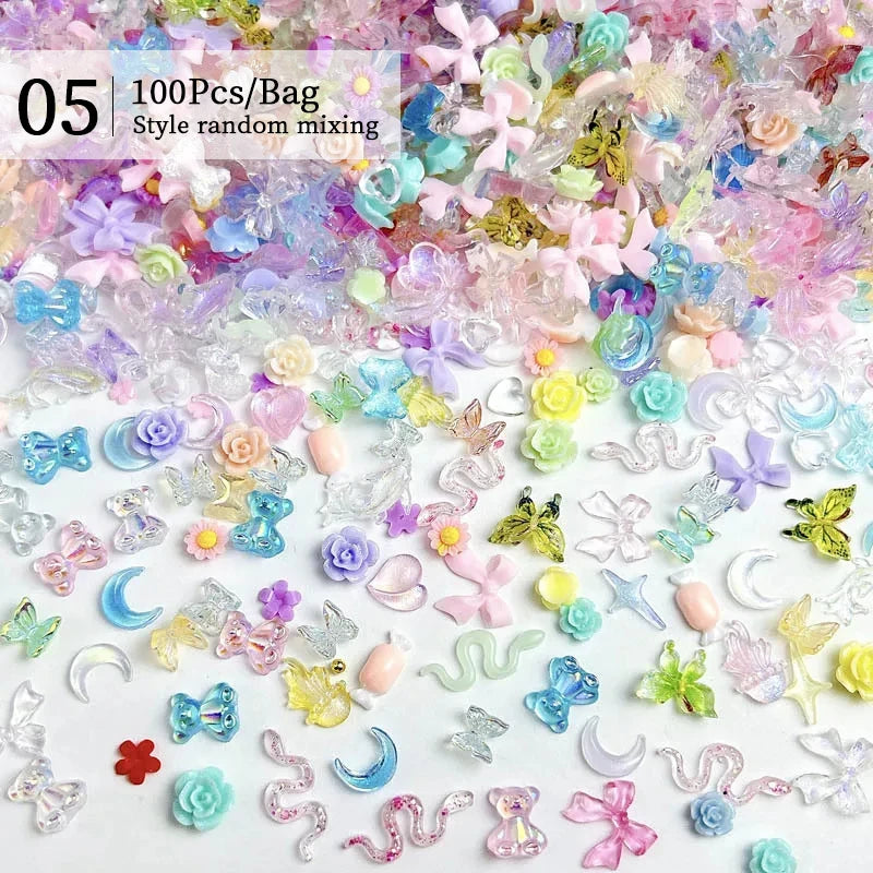 100/200pcs 3D Mixed Nail Decorations Kawaii Heart Flower Bear Pearl Design Rhinestone Nail Art Charms Jewelry Manicure Accessory