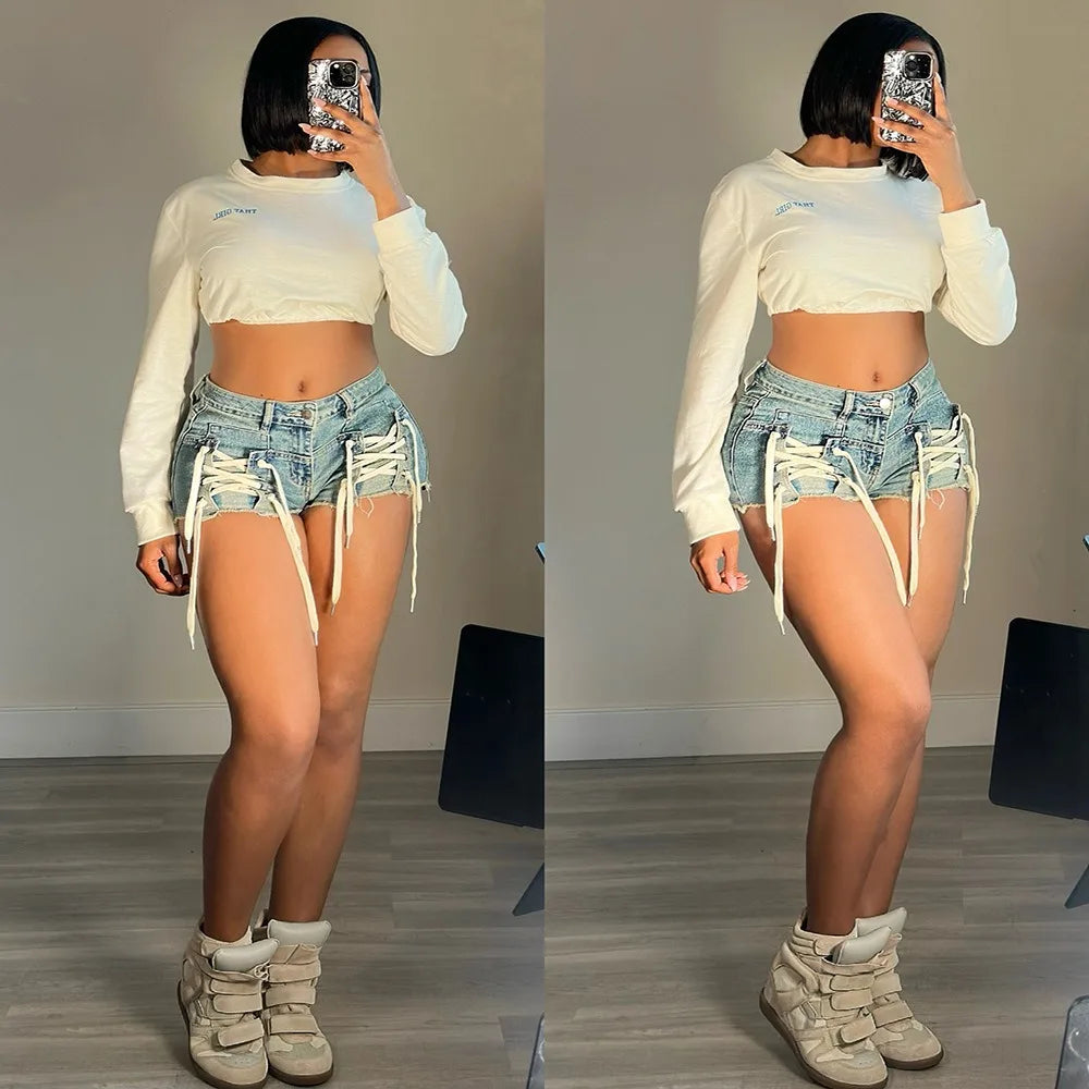 FAGADOER Fashion Hot Girl Street Lace Up Jean Shorts Women High Waisted Button Slim Denim Shorts Female Bandage Cowboy Bottoms