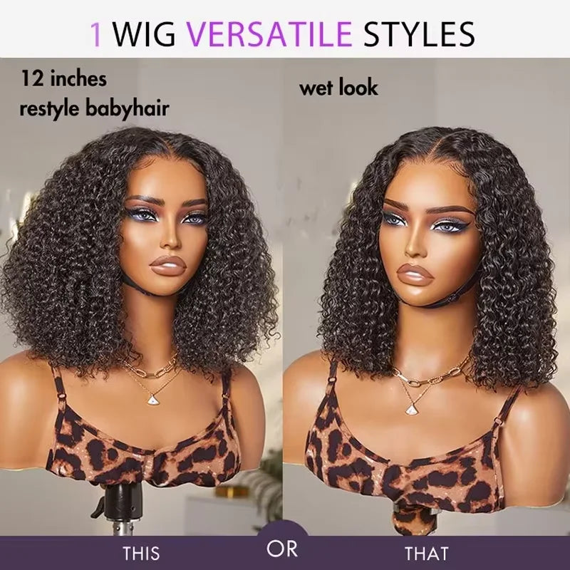 4C Human Hair Deep Glueless Short Bob Wig 10-14 Inch Deep Wave Lace Front Bob Wigs 100% Human Hair 13x6x2 Middle Part Bob Wigs