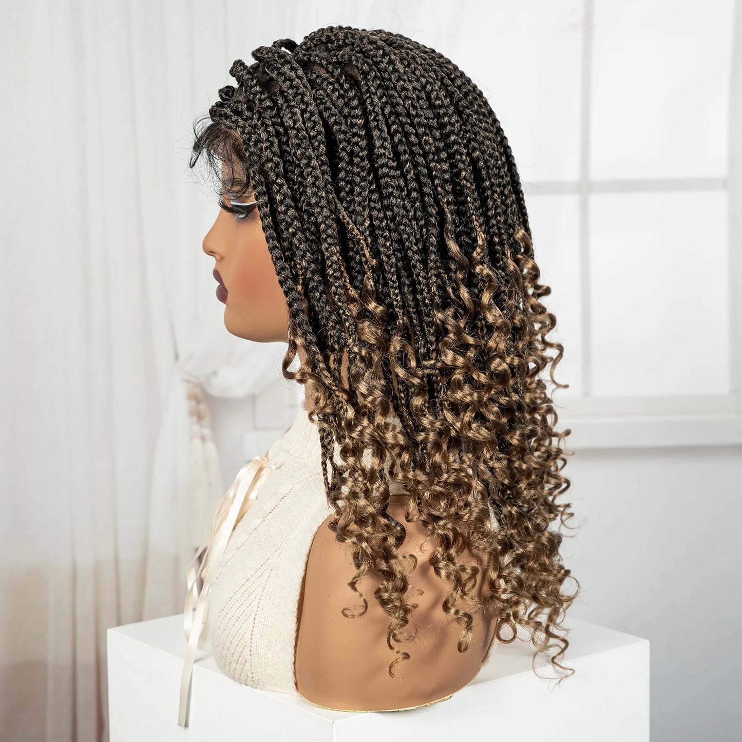 Knotless Box Boho Braided Wigs with Curly Ends Synthetic Full Lace Braided Lace Wigs Short Braided Bob Wig for Black Women