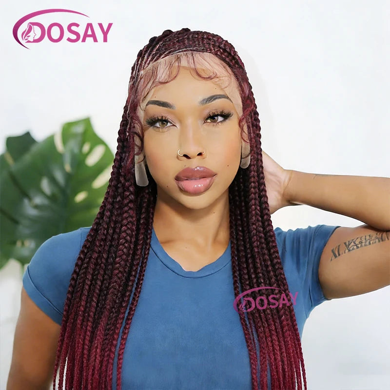 Burgundy Heart Synthetic  Full Lace Braided Wigs Knotless Cornrow Braid Lace Wig For Women Box Braids Wig With Baby Hair 36Inch