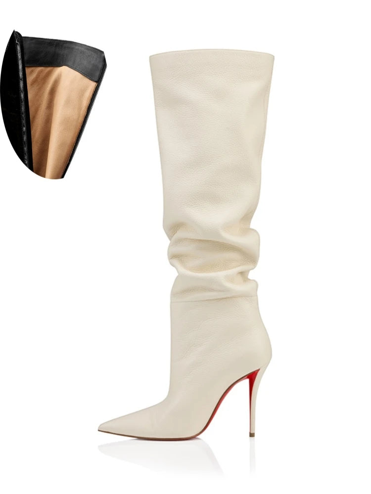 Ladies Ruched Knee‑High Leather Boots Pointed Toe Thin Stiletto Heel Long Booties Chic Dress Shoes for Club & Urban Occasions