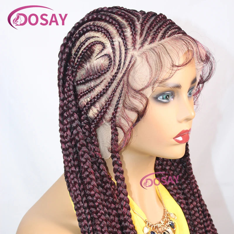 Burgundy Heart Synthetic  Full Lace Braided Wigs Knotless Cornrow Braid Lace Wig For Women Box Braids Wig With Baby Hair 36Inch
