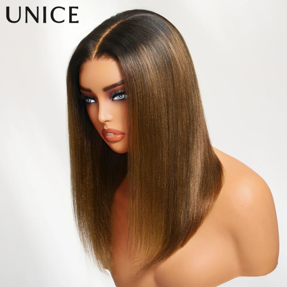 UNice Hair 7x5 & 13x4 Lace Chestnut Brown Ombre Yaki Straight Bob Wig With Drawstring Pre Cut Pre Bleached Glueless Wig Human Hair Ready To Wear