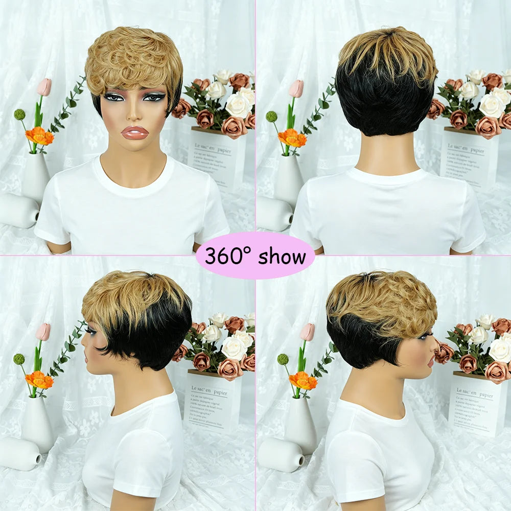 Curly Bob Wig Human Hair Black Champagne Color Hair With Bangs Machine Made Affordable Remy Fluffy Human Hair Wig