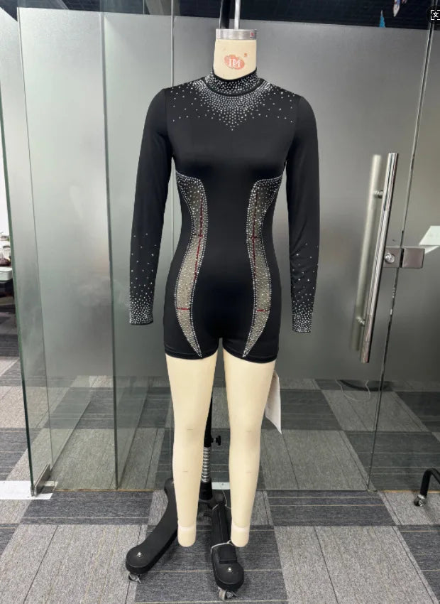 CM.YAYA Women Diamonds Mesh Patchwork Long Sleeve Playsuits Short Jumpsuits 2025 Spring Sexy Party Club One Piece Outfit Rompers