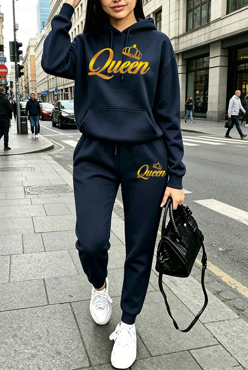 Queen Womens Outfits Fashion Casual Hooded Sweatshirt Outdoors Sports Jogging Woman Clothing Autumn Winter Street Hoodie Pants