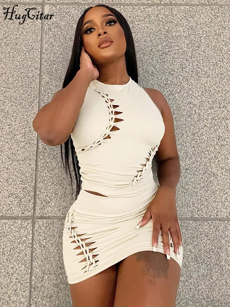Hugcitar Fashion 2 Pcs Sets Solid O Neck Cut Out Sexy Crop Tank Top Skirt 2025 Spring Summer Women Y2K Clothes Party Vacation