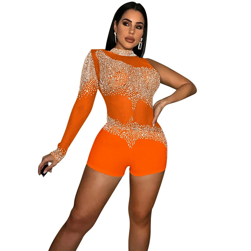 Sparkly Rhinestones Mesh Rompers Womens Jumpsuit Shorts Sexy Birthday Club Outfits One Sleeve Sheer Bodycon Playsuit Woman 2022