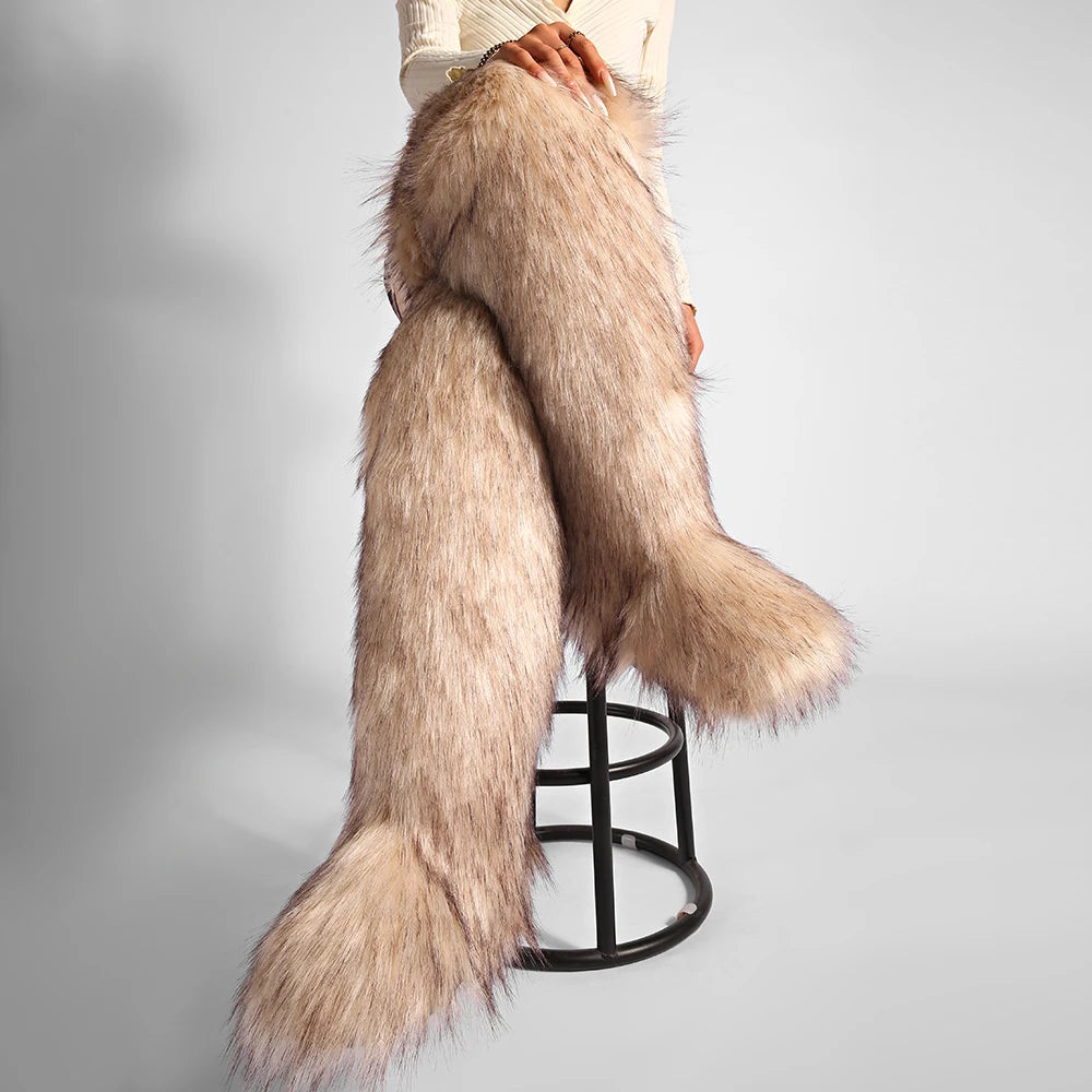 Women's Cozy Faux Fur over the Knee Boots Thigh High Fluffy Y2K Furry Fuzzy Warm Outdoor Comfortable Girls Boot