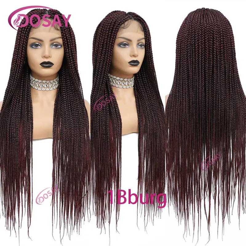 36Inch Burgundy Synthetic Long Box Braided Wig Full Lace Straight Knotless Cornrow Braid with Baby Hair for Women