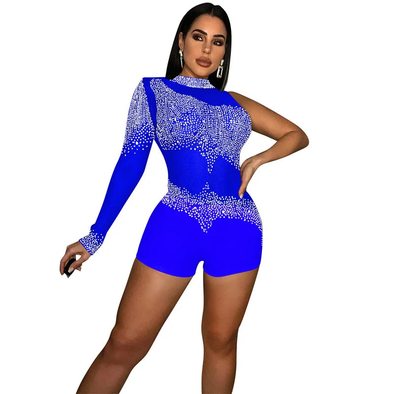 Sparkly Rhinestones Mesh Rompers Womens Jumpsuit Shorts Sexy Birthday Club Outfits One Sleeve Sheer Bodycon Playsuit Woman 2022