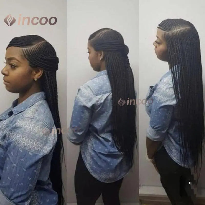 36" Cornrow Braided Wigs Synthetic Handmade Side Part Braided Wig Full Lace Frontal Braiding Wig Goddess Knotless Box Braids Wig