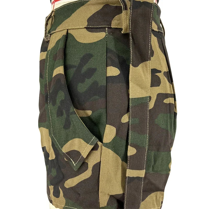 Streetwear Camouflage Print Short Sets Womens 2 Piece Outfits Sporty Casual Button Side Split Crop Top and Shorts Matching Sets