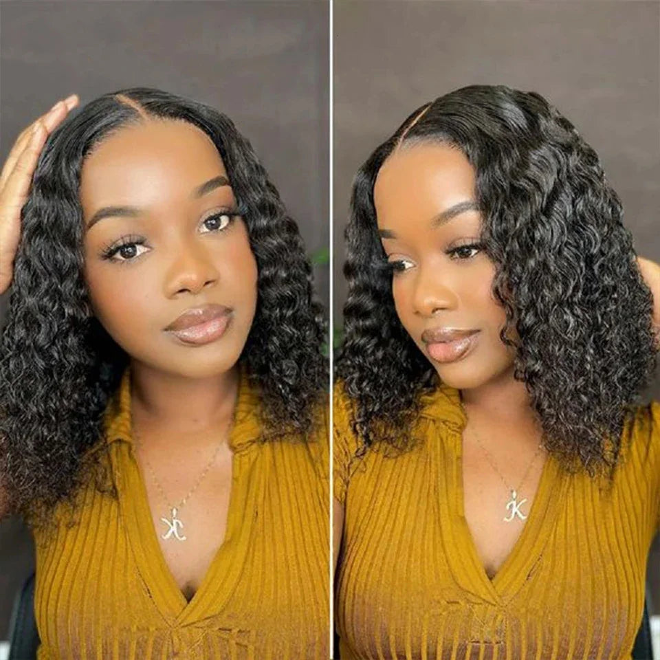 4C Human Hair Deep Glueless Short Bob Wig 10-14 Inch Deep Wave Lace Front Bob Wigs 100% Human Hair 13x6x2 Middle Part Bob Wigs