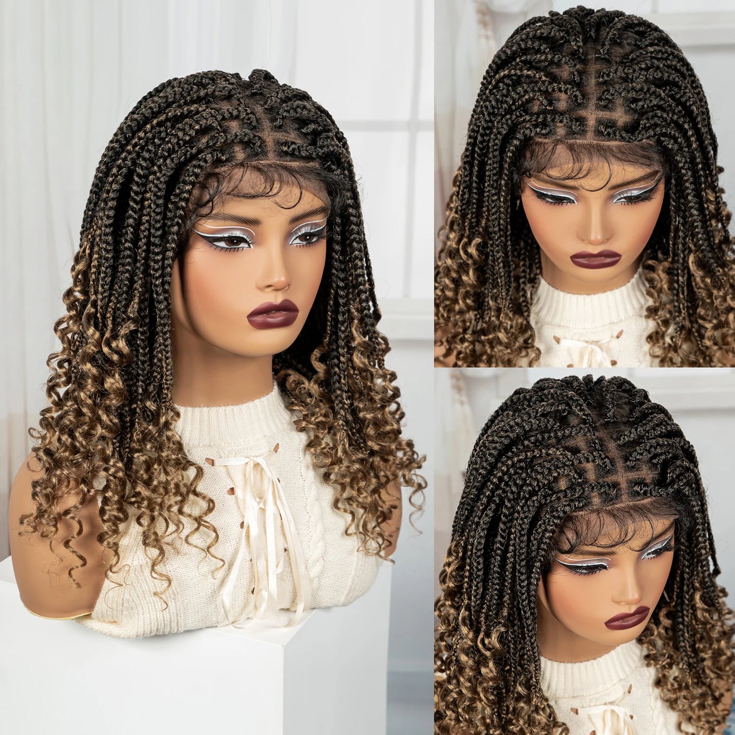 Knotless Box Boho Braided Wigs with Curly Ends Synthetic Full Lace Braided Lace Wigs Short Braided Bob Wig for Black Women