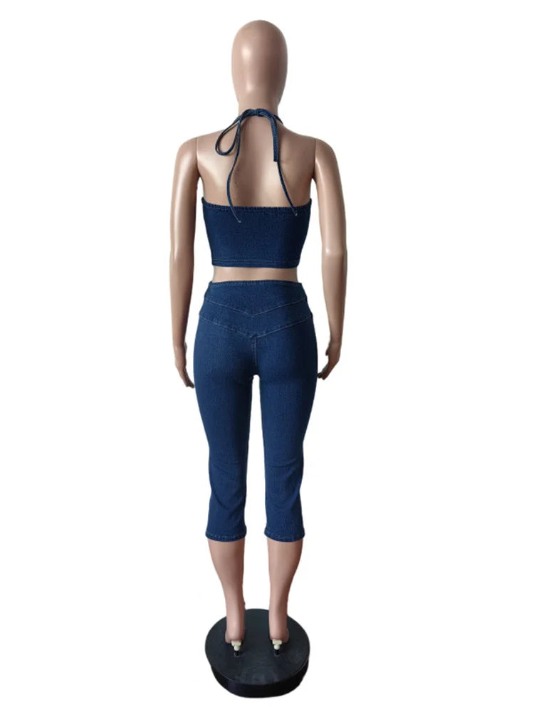 Cutenew Women Denim 2 Piece Set  Summer Halter Wrap Chest Backless Zip Halter Tops+Shorts Matching Hipster Vintage Streetwear