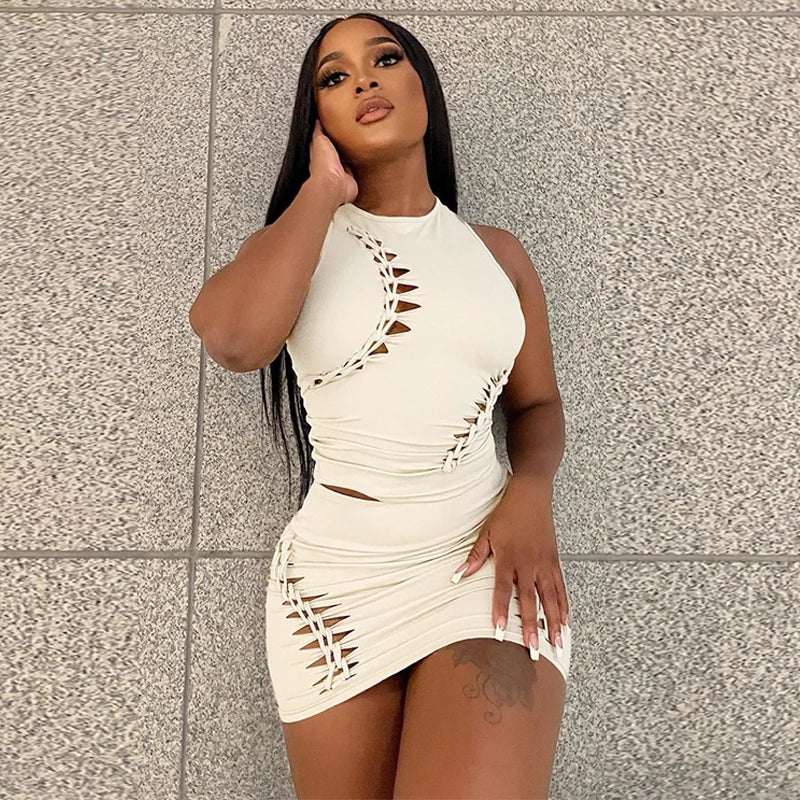 Hugcitar Fashion 2 Pcs Sets Solid O Neck Cut Out Sexy Crop Tank Top Skirt 2025 Spring Summer Women Y2K Clothes Party Vacation
