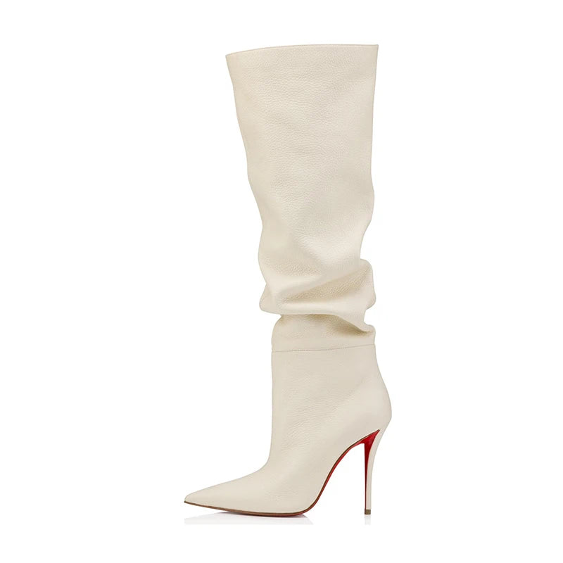 Ladies Ruched Knee‑High Leather Boots Pointed Toe Thin Stiletto Heel Long Booties Chic Dress Shoes for Club & Urban Occasions