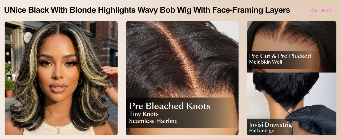 UNice No-Slip 7x5 Lace Black With Blonde Highlights Wavy Bob Human Hair Wig With Face-Framing Layers & Invisi Drawstring Glueless Wig Ready to Wear 150% Density