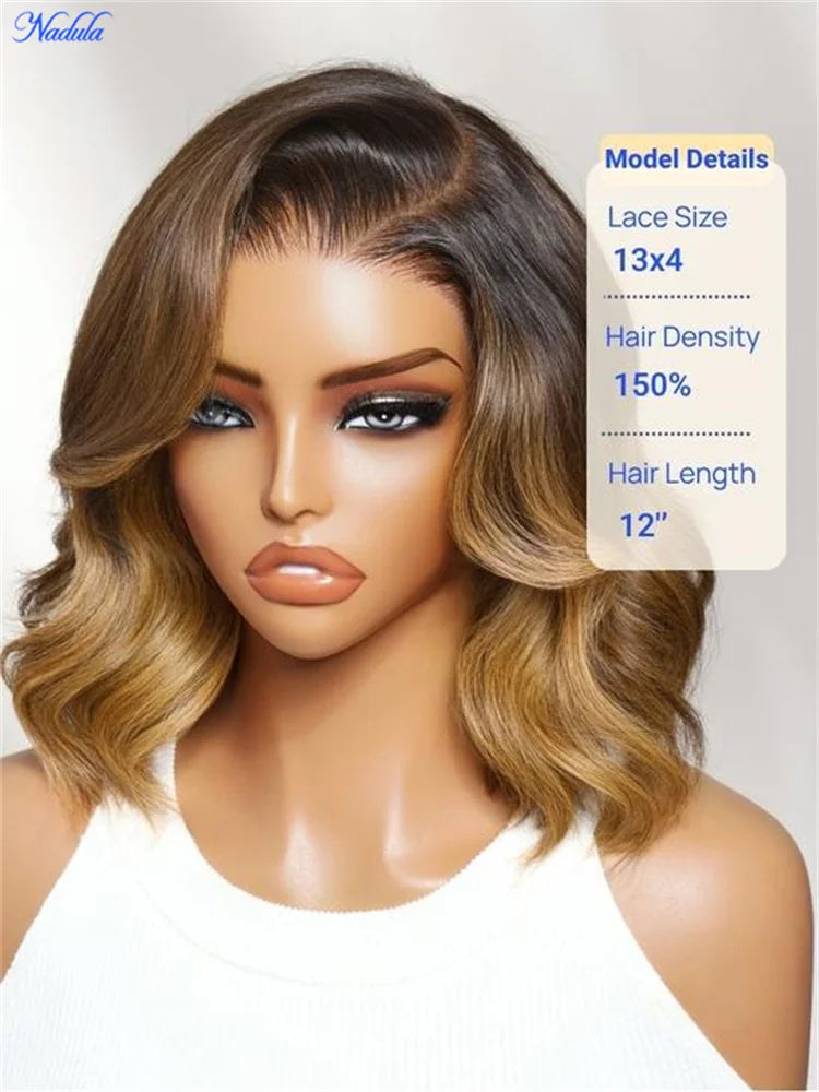 Nadula Highlights Wavy Bob Glueless Wig with Dark Root 13x4 Pre Cut Lace Bye Bye Slip Short Bob Human Hair Wig Ready to Wear