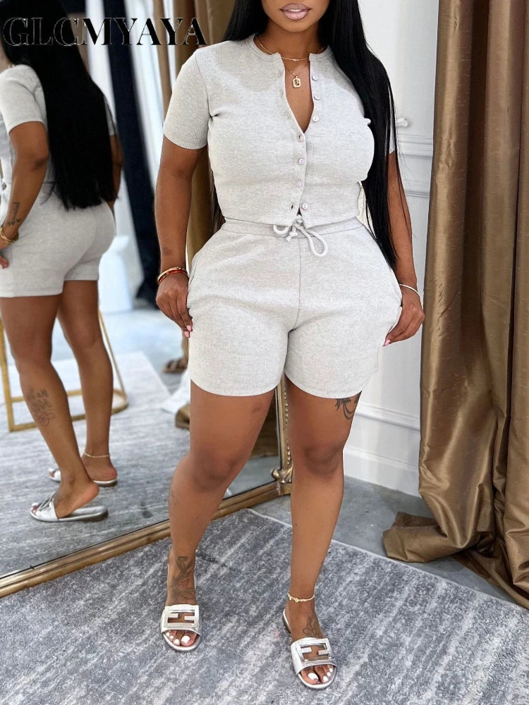 GLCMYAYA Fashion Knit Ribbed Women's Set Short Sleeve Single Breasted Tops and Shorts 2025 Tracksuit Two 2 Piece Set Outfits