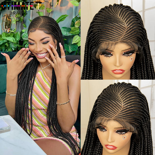 Full Lace Synthetic Afro Cornrow Braided Wigs Back Knotless Box Braids Wig for Black Women 36 Inches Handmade Braiding Wig