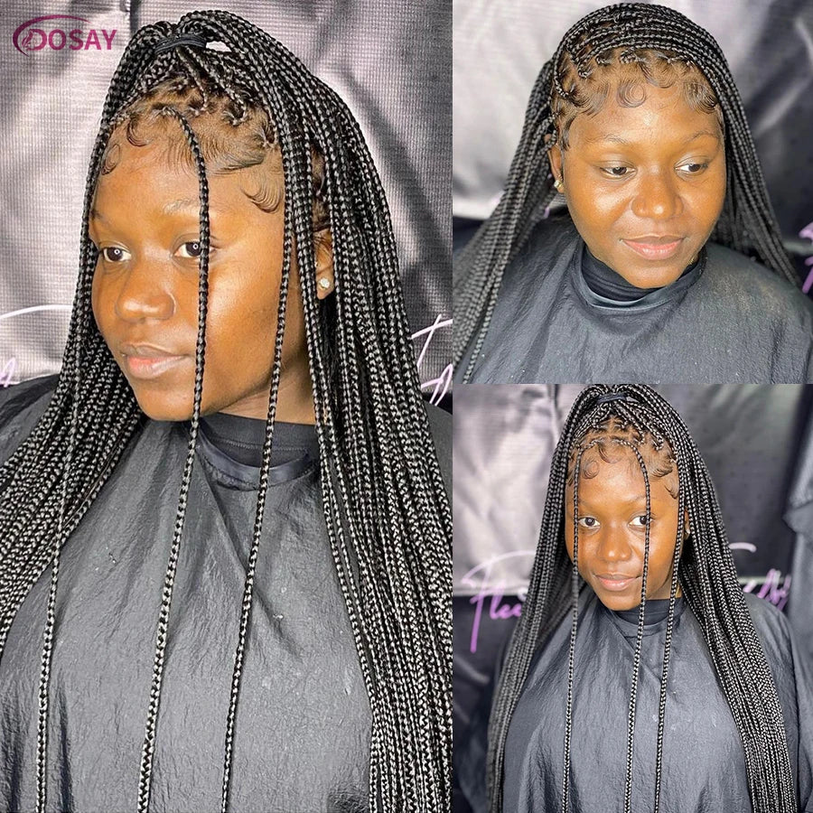 36Inch Burgundy Synthetic Long Box Braided Wig Full Lace Straight Knotless Cornrow Braid with Baby Hair for Women