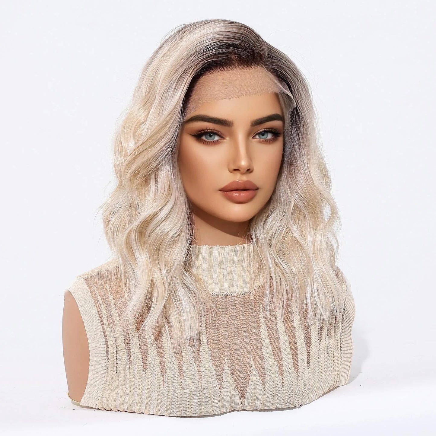 Topshe 13x6 HD Lace Front Short Wig Deep Root Gradient Platinum Blonde Curly Heat Resistant Synthetic Wigs for Women