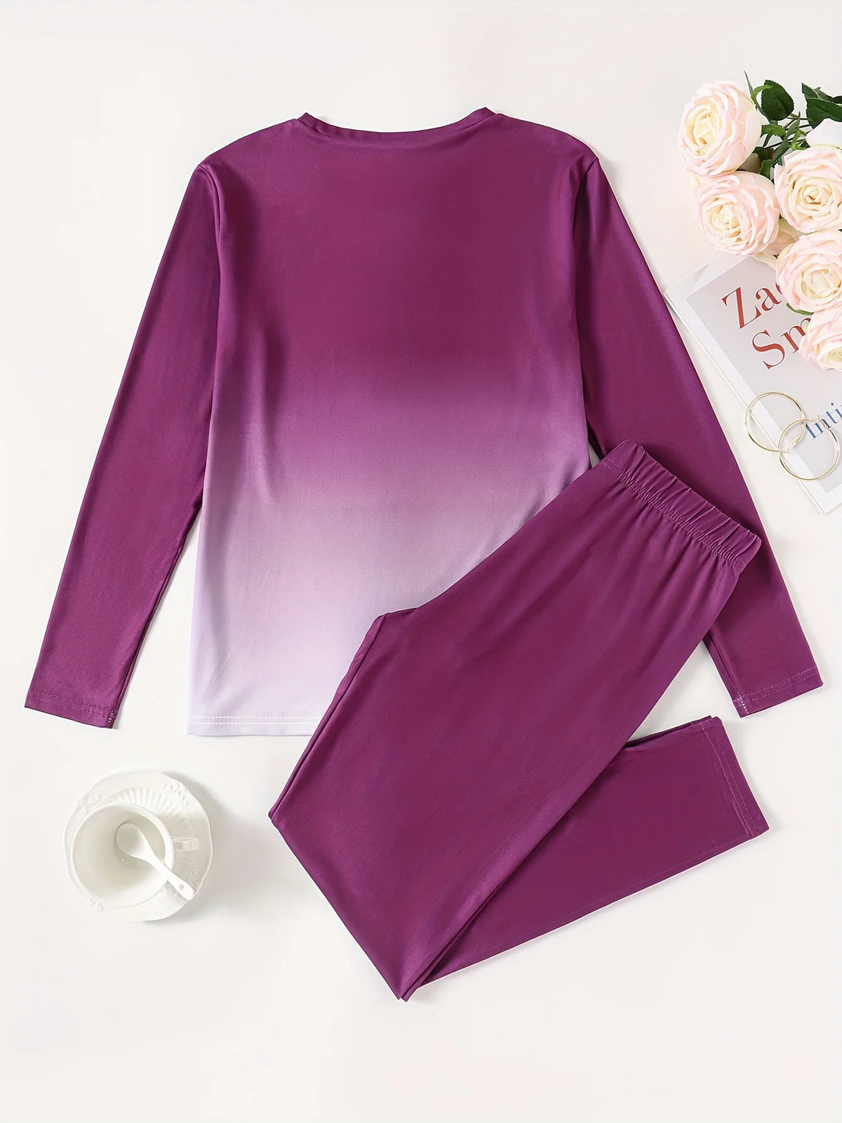[Two-Piece Set] Gradient Color Crown Print Casual Autumn Winter Long Sleeve Round Neck Women's Pants Two-Piece Set