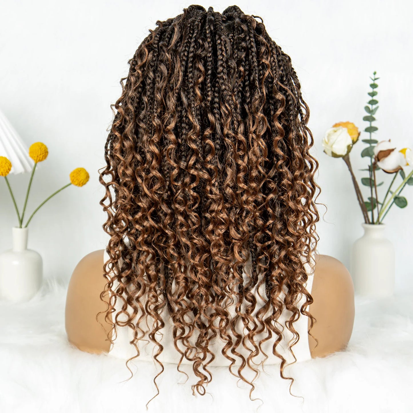 Kima Short Bohemian Box Braids Braided Wig Full Lace Boho Braided Wigs Synthetic Curly Hair with Baby Hair for Black Women