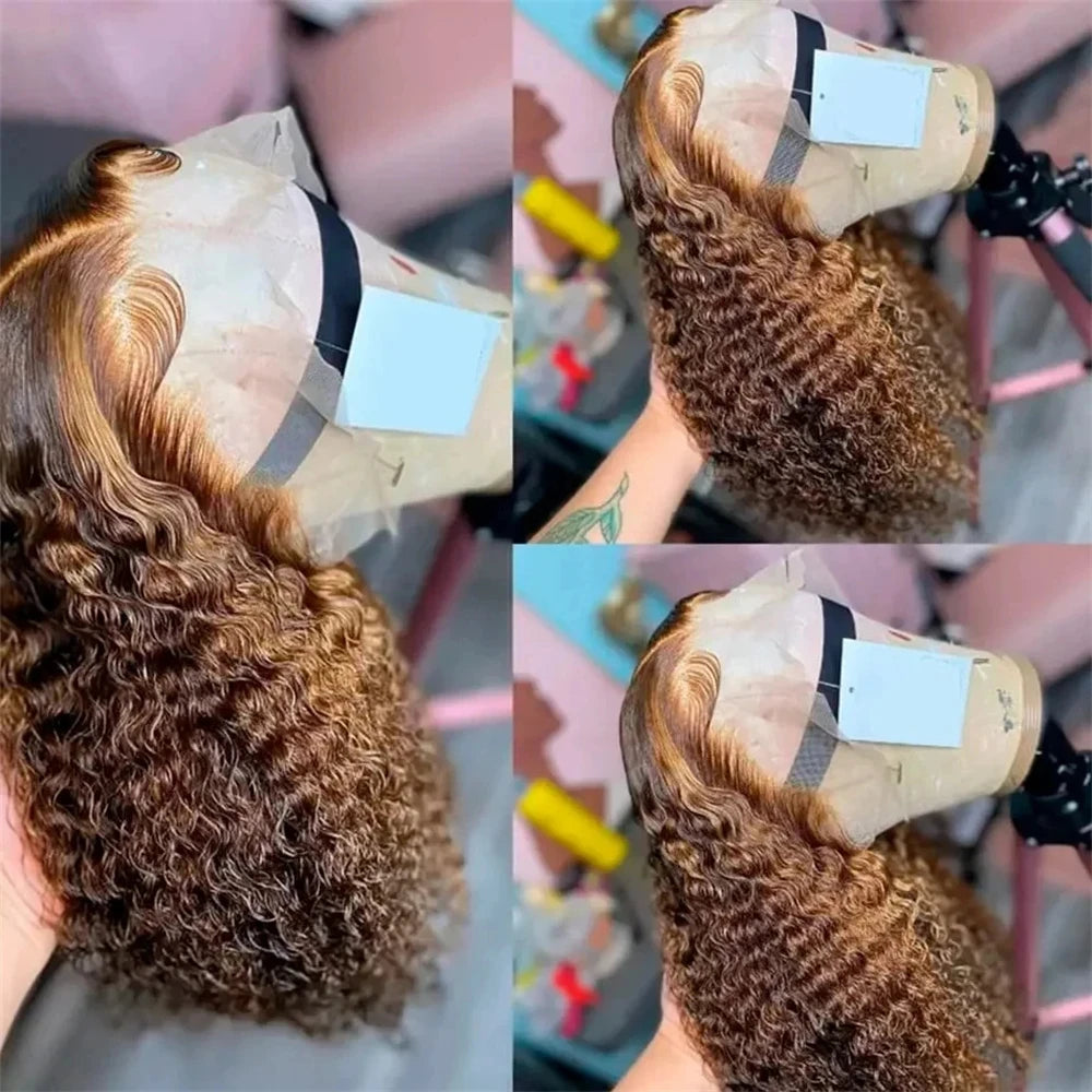 Highlight Short Bob Wigs Deep Wave 13x4 Lace Frontal Wig Human Hair Kinky Curly Frontal Bob Wig 4/27 Ombre Color 250% Density