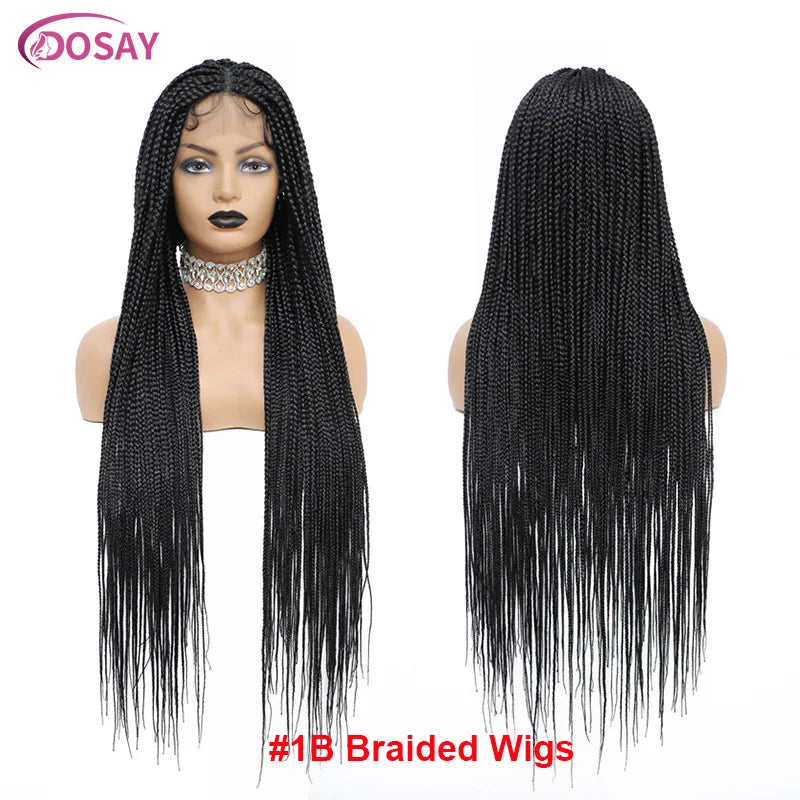 36Inch Burgundy Synthetic Long Box Braided Wig Full Lace Straight Knotless Cornrow Braid with Baby Hair for Women